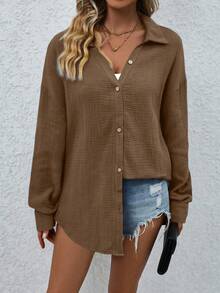 EMERY ROSE Women's Casual Loose Fit Drop Shoulder Long Shirt, Solid Color, Versatile, Spring/Autumn - Coffee Brown - View 5