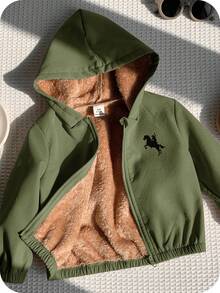 SHEIN 男女通用婴儿休闲可爱百搭卡其色羊毛加厚连帽夹克，男婴/女婴秋冬装 - 軍綠色 - 查看 3