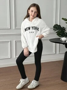 SHEIN 青少年女孩休闲泰迪羊毛字母刺绣连帽衫运动衫和紧身打底裤套装，拉绒打底裤，百搭/宽松版型/返校/运动休闲/学院风/复古美式/连帽衫 - 白色 - 查看 3