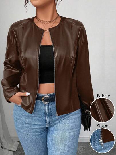 SHEIN PETITE CURVE Plus Size Women's Classic Versatile PU Leather Jacket, Petite Series