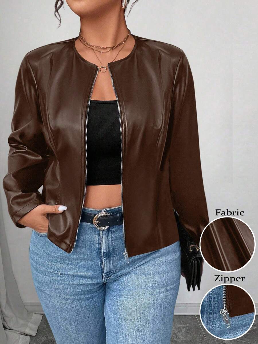 SHEIN PETITE CURVE 大码女式经典百搭 PU 皮夹克,小号系列 - 咖啡棕 - 查看 1