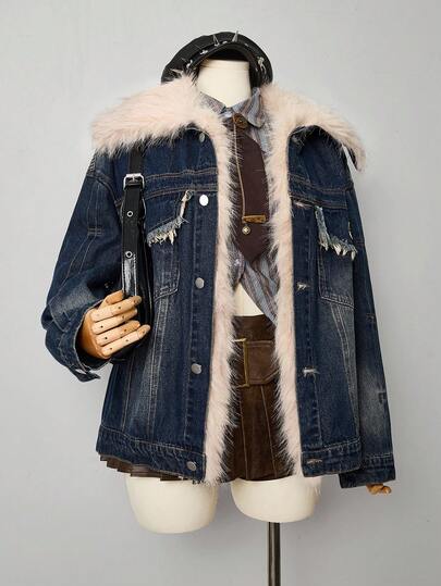 Rivivi 大码女款韩流女子组合风格复古牛仔毛领夹克，海军蓝