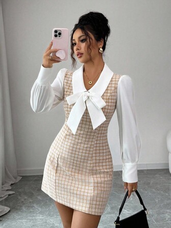 Elenzga Contrast Color Fabric Patchwork Bow Decor 2 In 1 Elegant Romantic Women Dress Fall Cloth For Women