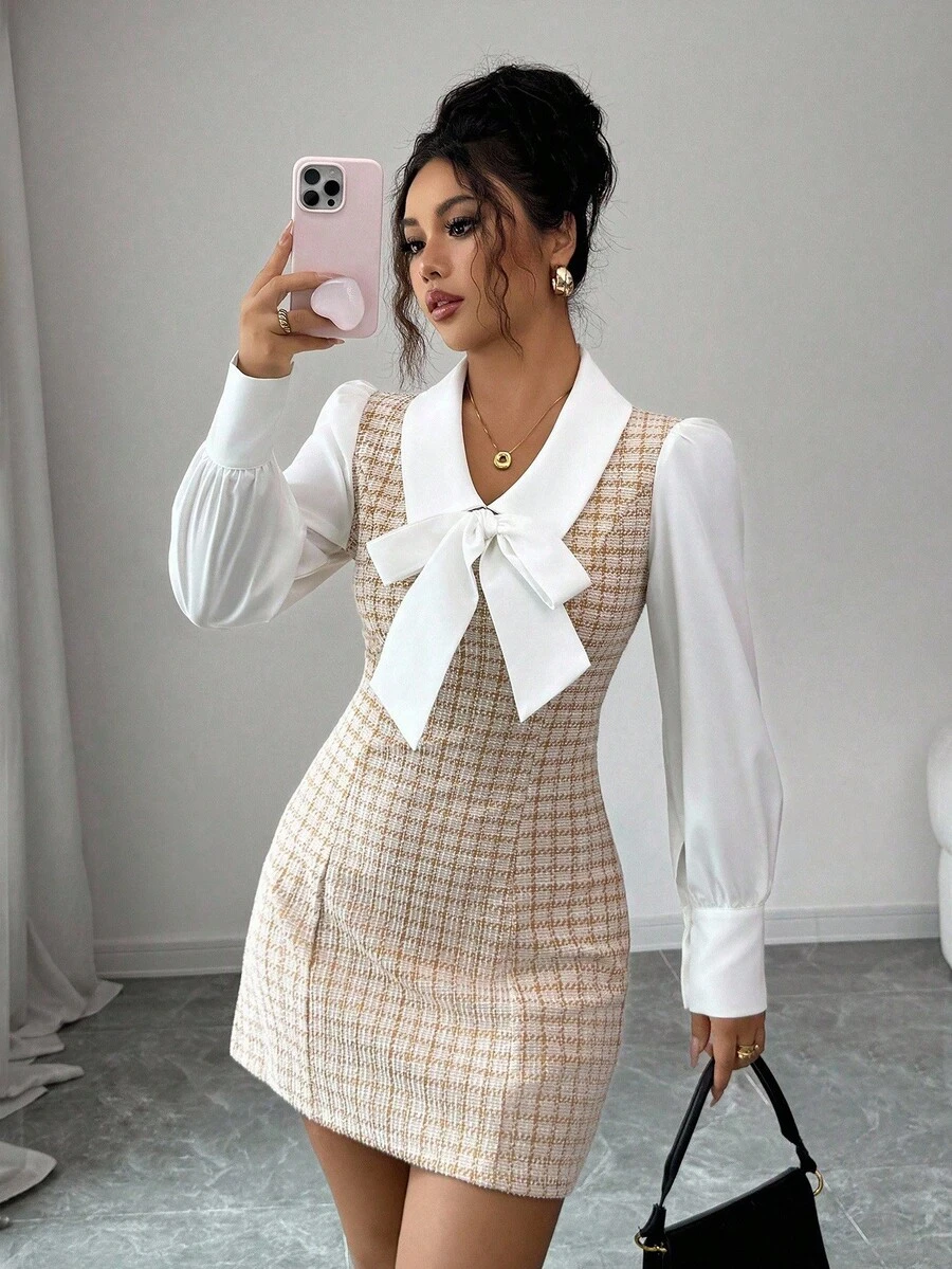 Elenzga Contrast Color Fabric Patchwork Bow Decor 2 In 1 Elegant Romantic Women Dress Fall Cloth For Women - Multicolor - View 1