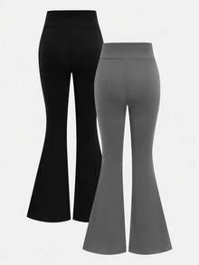 SHEIN Girlism Tween Girl 2 件装 黑色 + 灰色 买 1 送 1 高腰紧身高弹休闲瑜伽百搭口袋喇叭裤，适合居家和户外 - 彩色 - 查看 2