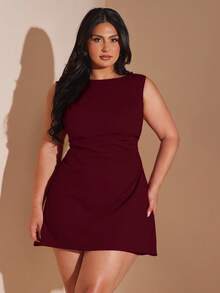 SHEIN BAE Plus Size Women's Red Ruched Mini Dress, Elegant Beach Vacation Dress
