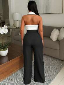 Vavine Bộ trang phục công sở thanh lịch dành cho nữ, gồm áo vest cài nút kim loại ôm vừa vặn, ve áo vải tuýt và quần dài cạp chun co giãn họa tiết, bộ 2 món thường ngày - Đen và trắng - Xem 2