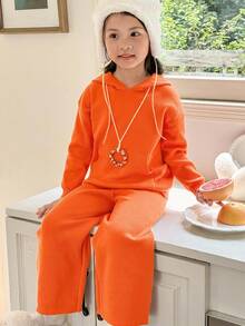 SHEIN Young Girls Casual Hooded Long Sleeve Sweater & Knit Pants Set Autumn Winter Clothes FoGirlen - Rust Brown - View 5