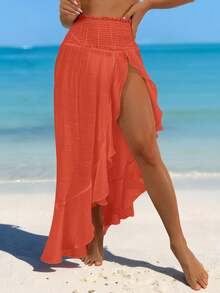 Swim Vcay 女士春假褶皱腰荷叶边透明开衩长款沙滩裙 - 橘色 - 查看 6
