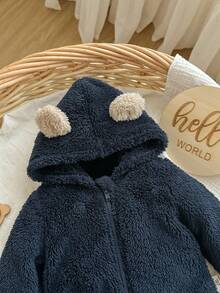 新生男婴可爱蓬松海军蓝卡通印花连帽连体衣 - 藏蓝色 - 查看 6