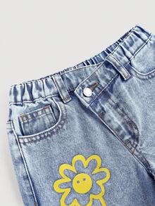 SHEIN Y2K 少女风可爱花卉爱心涂鸦印花蓝色牛仔宽松腰裤，斜腰设计，适合秋季、秋冬季休闲时尚度假穿着。 - 淺色水洗藍 - 查看 3