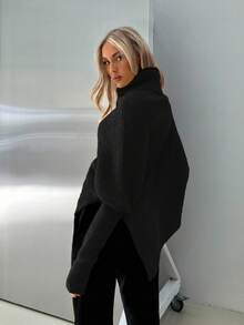 Aloruh Women's New Off-Shoulder Wrap Extra Long Sweater, Milky White, Autumn/Winter,Fall,Black Top - Black - View 7