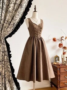 Vintamour Váy nữ thanh lịch cổ điển có túi, cài nút kim loại, váy đi nghỉ thường ngày mùa thu - màu nâu - Xem 8