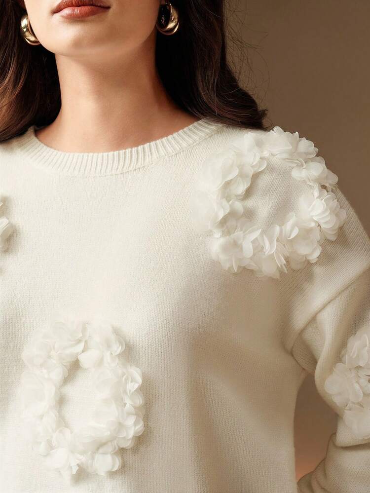 Elegant Autumn/Winter White Casual Loose Knit 3D Floral Crew Neck Sweater For Women
