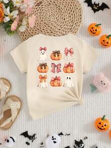 Trang phục Halloween cho bé gái thời trang thường ngày sáng tạo hình bí ngô, ma dễ thương, xin kẹo, sinh vật ma quái, mùa đáng sợ, áo phông tay ngắn cơ bản phong cách mùa thu - Màu be - Xem 4