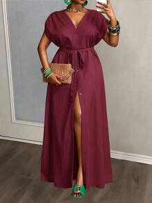 Veslaya Plus Size Summer Vacation Casual Solid Color Front Button Long Dress - Burgundy - View 12