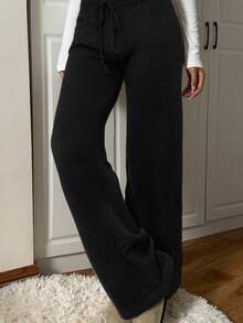 SHEIN EZwear Pantalones de punto casuales y sueltos con cordón en la cintura, unicolor, para otoño/invierno