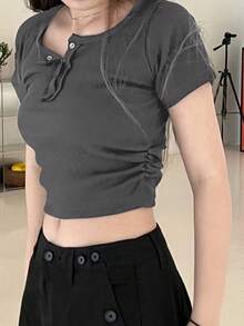 DAZY Women's Crop Slim Solid Color T-Shirt Summer - Dark Grey - View 2