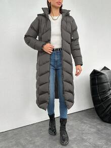 EURMUSE 女士时尚绗缝拉链连帽棉服外套（冬季） - 灰色 - 查看 1