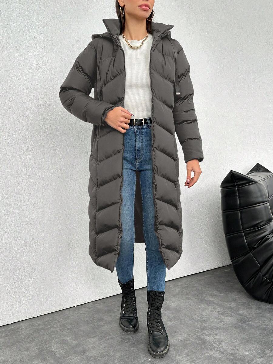 EURMUSE 女士时尚绗缝拉链连帽棉服外套（冬季） - 灰色 - 查看 1