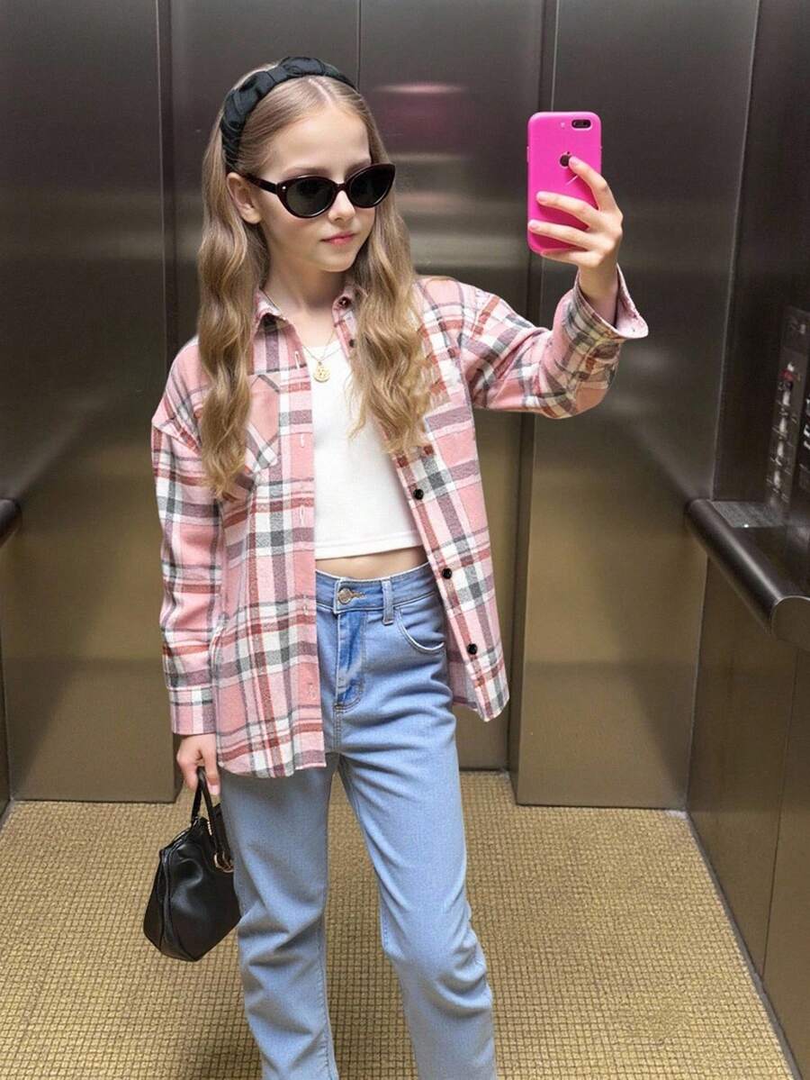 SHEIN Tween Girl Plaid Print Pocket Drop Shoulder Shirt - Multicolor - View 1