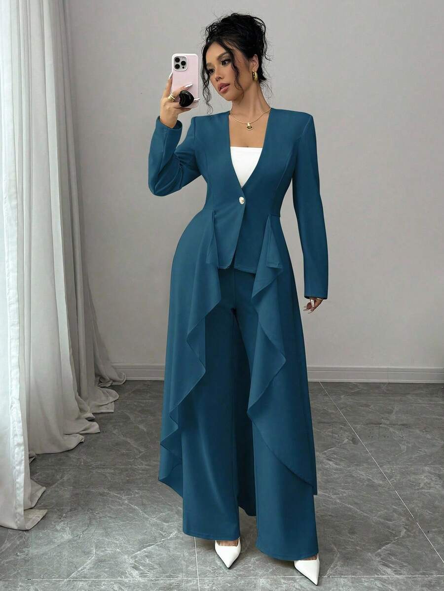 Selianne Áo khoác blazer hai mảnh thanh lịch, thắt eo, viền bèo nhún, cài một nút, dài tay và quần, dành cho nữ - Màu xanh ngọc - Xem 1