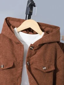 2 件套青少年女孩休闲纽扣式连帽衫和松紧腰裤套装 - 棕色 - 查看 4