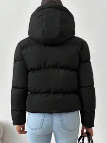 EURMUSE 小码女款拉链抽绳连帽羽绒冬季大衣 - 黑色 - 查看 2