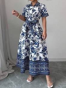 Elenzga Plus Size French Placket Short Sleeve Shirt Dress, Blue & White Cashew Flower Pattern, Cinched Cinched Waist A-Line Silhouette, Elegant For Work/Casual Wear, Spring/Summer