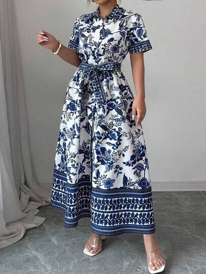 Elenzga Plus Size French Placket Short Sleeve Shirt Dress, Blue & White Cashew Flower Pattern, Cinched Cinched Waist A-Line Silhouette, Elegant For Work/Casual Wear, Spring/Summer