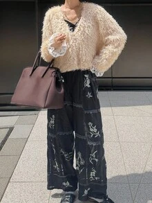 FRIFUL Áo khoác nữ dáng rộng, mềm mại, có viền ren ở cổ tay, áo cardigan ren mùa thu/đông, áo cardigan lông xù, áo cardigan bông xù, áo khoác lông thú cho nữ. - Màu be - Xem 2