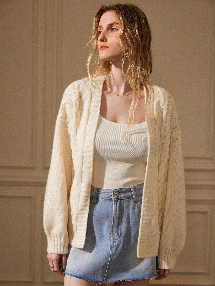 Écloséra Vintage Twist Cable Solid Color Casual Long Sleeve Cardigan Sweater Formal Clothing