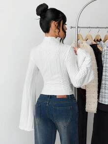 SHEIN 少女优雅针织纹理休闲简约舒适 T 恤上衣，百搭 - 白色 - 查看 5