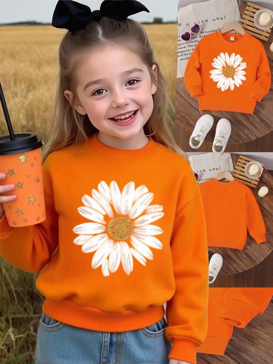 SHEIN Playful Pals Young Girls' Floral Print Crew Neck Comfortable Long Sleeve Sweatshirt, Suitable For Autumn/Winter, Lightweight And Cozy, Layering Piece For Fall, Fashionable Casual Wear, Graphic Design, Back To School Season, Outdoor Picnic, Street Photography, Home, Campus, Holidays, Gift Girls Orange Sweatshirt Girls Fall Sweater Kids Orange Clothes Kids Daisy Sweater Girls Jumpers - Orange - View 1