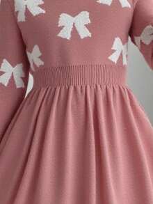 SHEIN Vestido suéter de malha com decoração de laço, casual, minimalista e confortável, gola redonda, manga comprida, outono/inverno