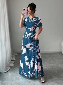 Selianne 荷叶边袖圆领束腰数码印花优雅浪漫女式连衣裙 - 彩色 - 查看 6
