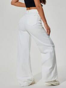 SHEIN ICON Casual Versatile Solid Color Loose Straight Leg White Jeans - White - View 2