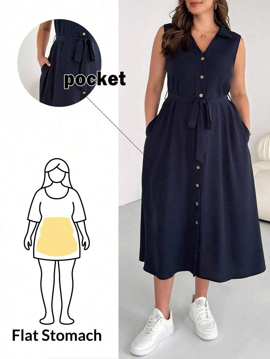 SHEIN Essnce 大码女装春夏时尚休闲宽松舒适基本款日常百搭修身深蓝色纽扣中长衬衫裙，女士工作服，女士机场装，简约风格，教师服，办公室装，带口袋的 V 领连衣裙 - 藏蓝色 - 查看 1