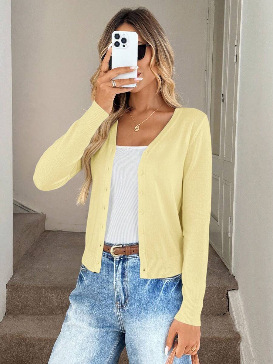 SHEIN LUNE Women's Casual Versatile Solid Color Cardigan Autumn Winter Clothes For Women