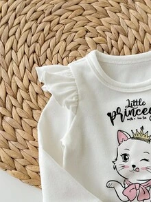 SHEIN 2pcs Newborn Baby Girl Outfit, Long Sleeve Knit White Ruffle Cute Cartoon Kitty Top And Pink Star Print Leggings Set, Suitable For Party, Home And Other Occasions Fall Winter - Yellow - View 5