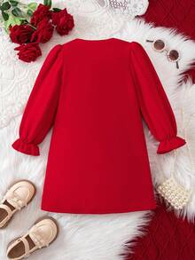 SHEIN 年轻女孩优雅可爱红色针织蝴蝶结长袖连衣裙 - 紅色 - 查看 2