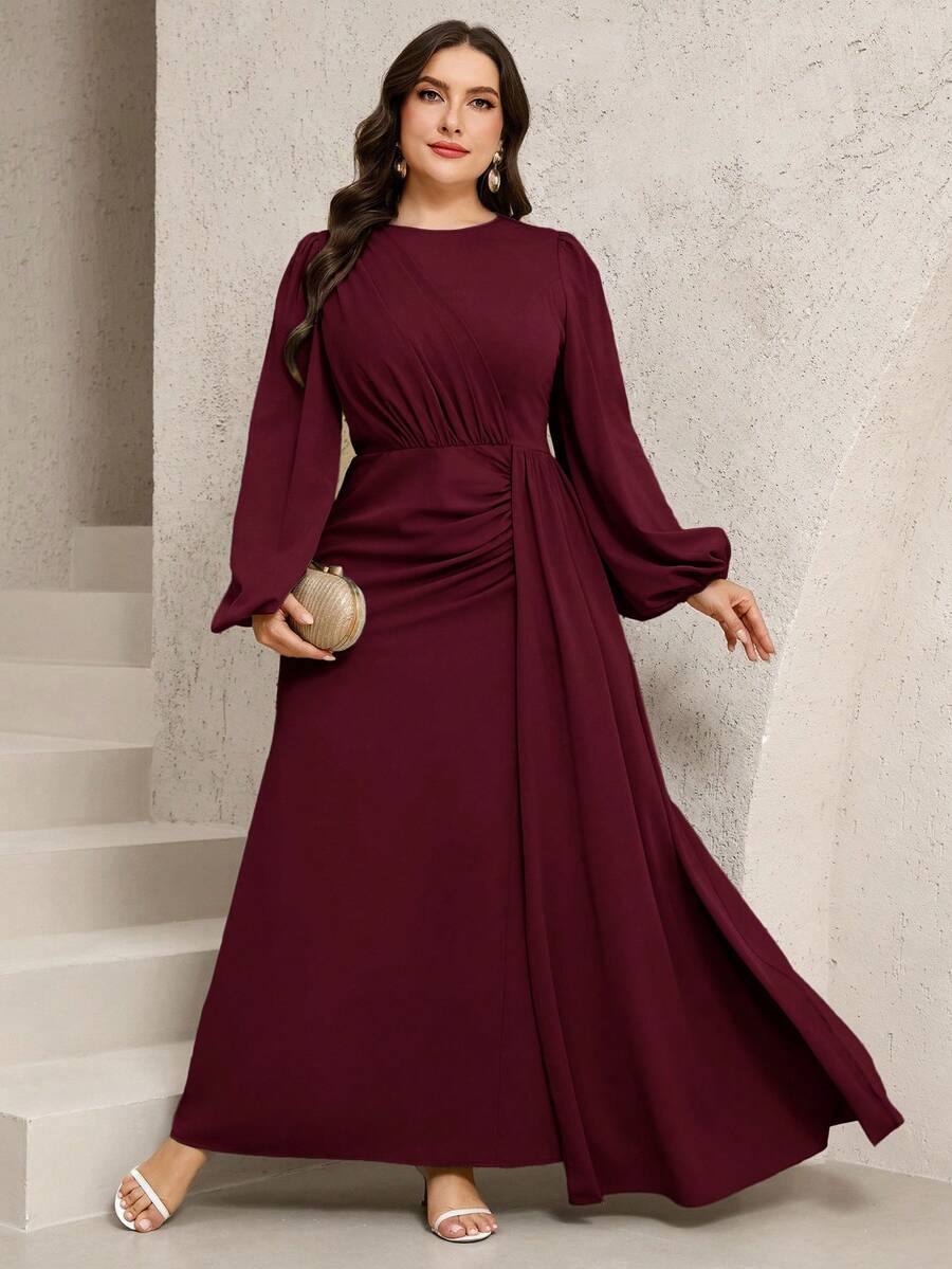 Veilorie Vestido de fiesta elegante de talla grande de unicolor con mangas farol - Burdeos - Ver 1