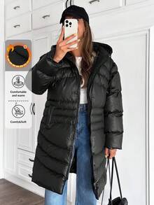 SHEIN Cottnline Women Solid Color Zipper And Pocket Detailed Long Winter Coats - Black - View 1