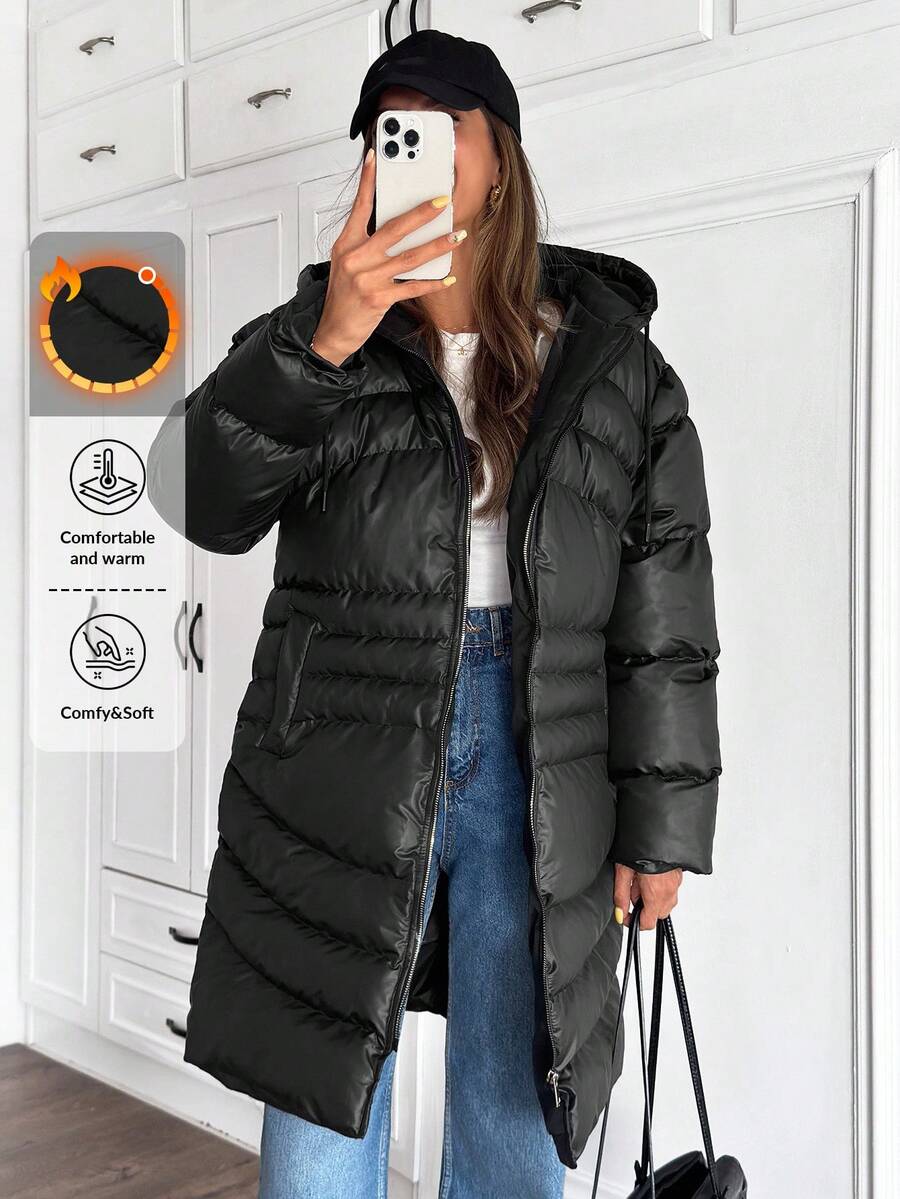 SHEIN Cottnline Women Solid Color Zipper And Pocket Detailed Long Winter Coats - Black - View 1