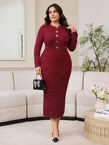 Modelyn Vestido de punto elegante y entallado de talla grande para ir al trabajo, ropa de otoño e invierno para mujeres - Burdeos - Ver 7