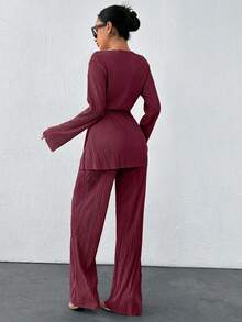 SHEIN Tall Solid Cross Belted Top & Wide Leg Pants Two Piece Set Women Elegant Formal Two Piece Set Two Piece Pants Set Women Pleated Two Piece Set Pants Suit Modest Two Piece Set - Burgundy - View 2