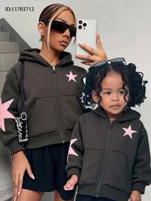 Back To School Baby Girl Gray & Pink Star Print Contrast Color Knit Hoodie Sweatshirt, Loose Fit Thermal Lined Casual Sweatshirt For Autumn/Winter Fall