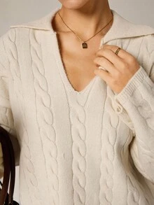 Hanevo 2件套女士休闲舒适懒人针织毛衣套装，秋冬 - 杏色 - 查看 7