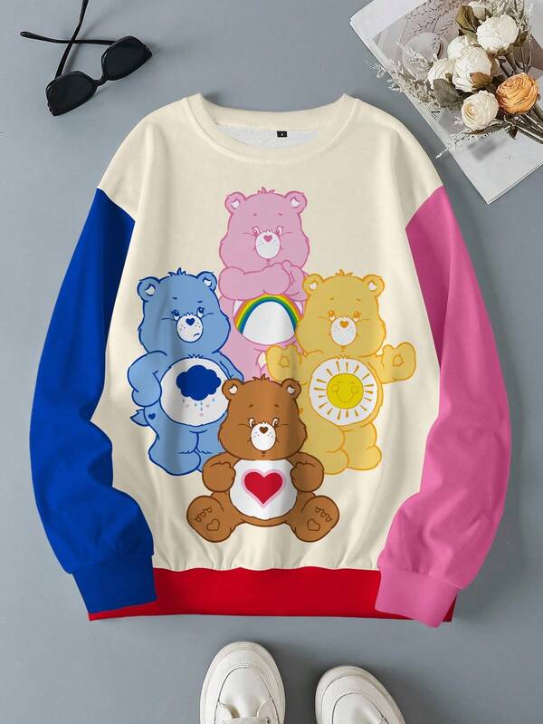SHEIN X Care Bears Women's Casual Everyday College Style Cute Cartoon Bear Print Patchwork Contrast Color Loose Pullover Sweatshirt, Spring/Autumn