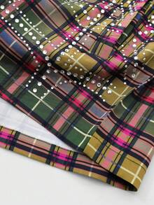 ROMWE MEN Street Life Men's Shirt With Rhinestone Plaid Pattern, Long Sleeve, Streetwear American Style - Khaki - View 8